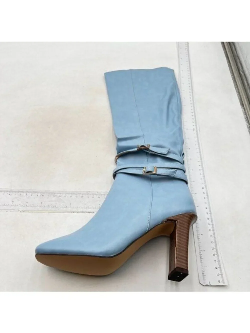 FSJ Women Fashion Knee High Long Boots Pull On Closed Toe Chunky Mid Heel Blue